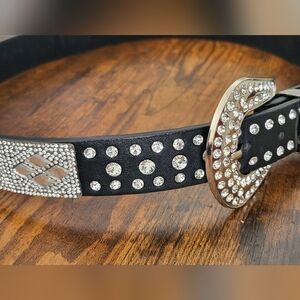 Crystal Mirrored Embellished Black Leather Rodeo Western Belt